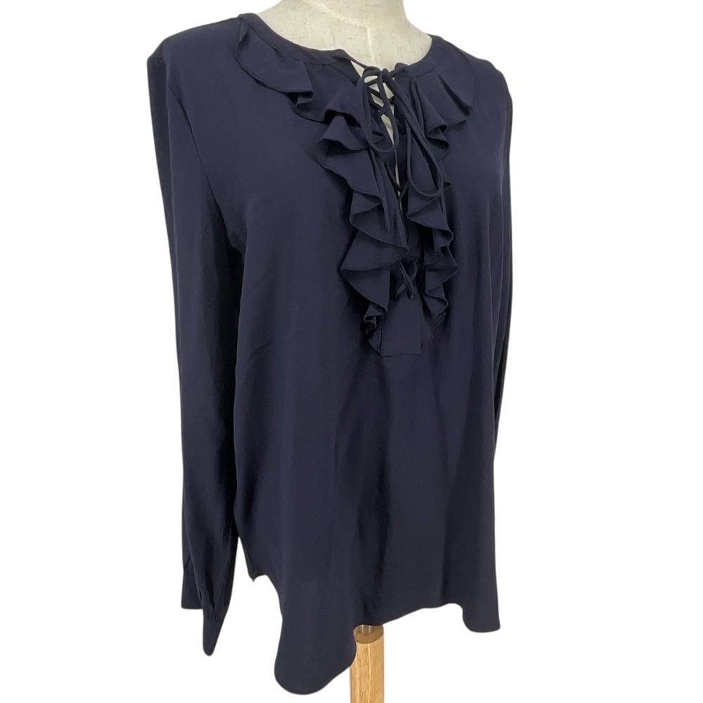 LOFT Navy‎ Blue Ruffle Lace Up Long Sleeve Blouse Top Womens M